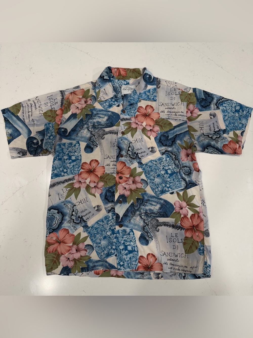 Tori Richard Men’s Blue and Pink Floral Print Short-Sleeve Button-Up - Medium